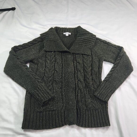 St John's Bay Dark Green Collared Button Up Cardigan Sz Small - Picture 1 of 7
